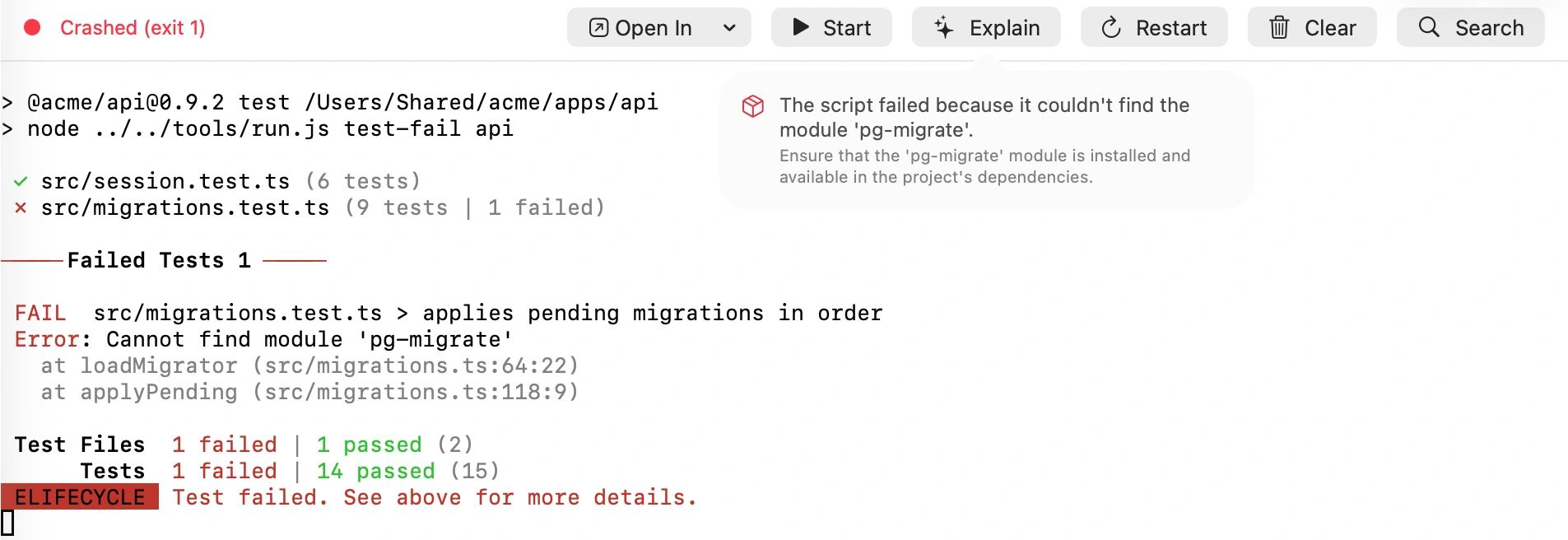 Grove explaining a failed test run with Apple's on-device model