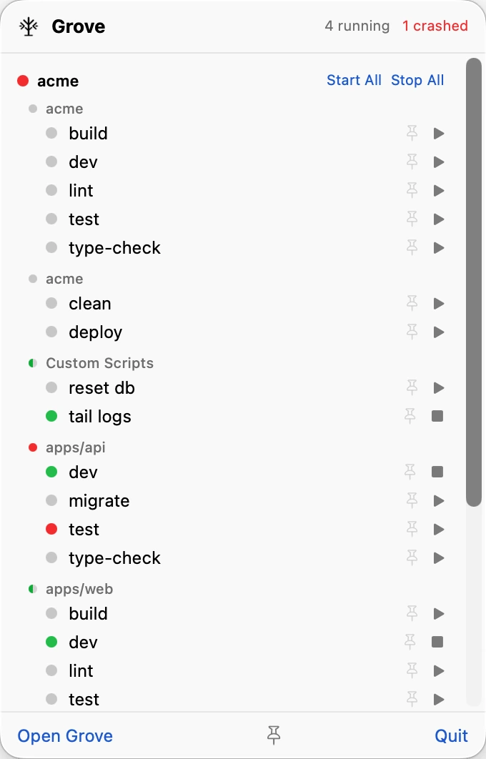 Grove's menu bar popover with scripts and their current state