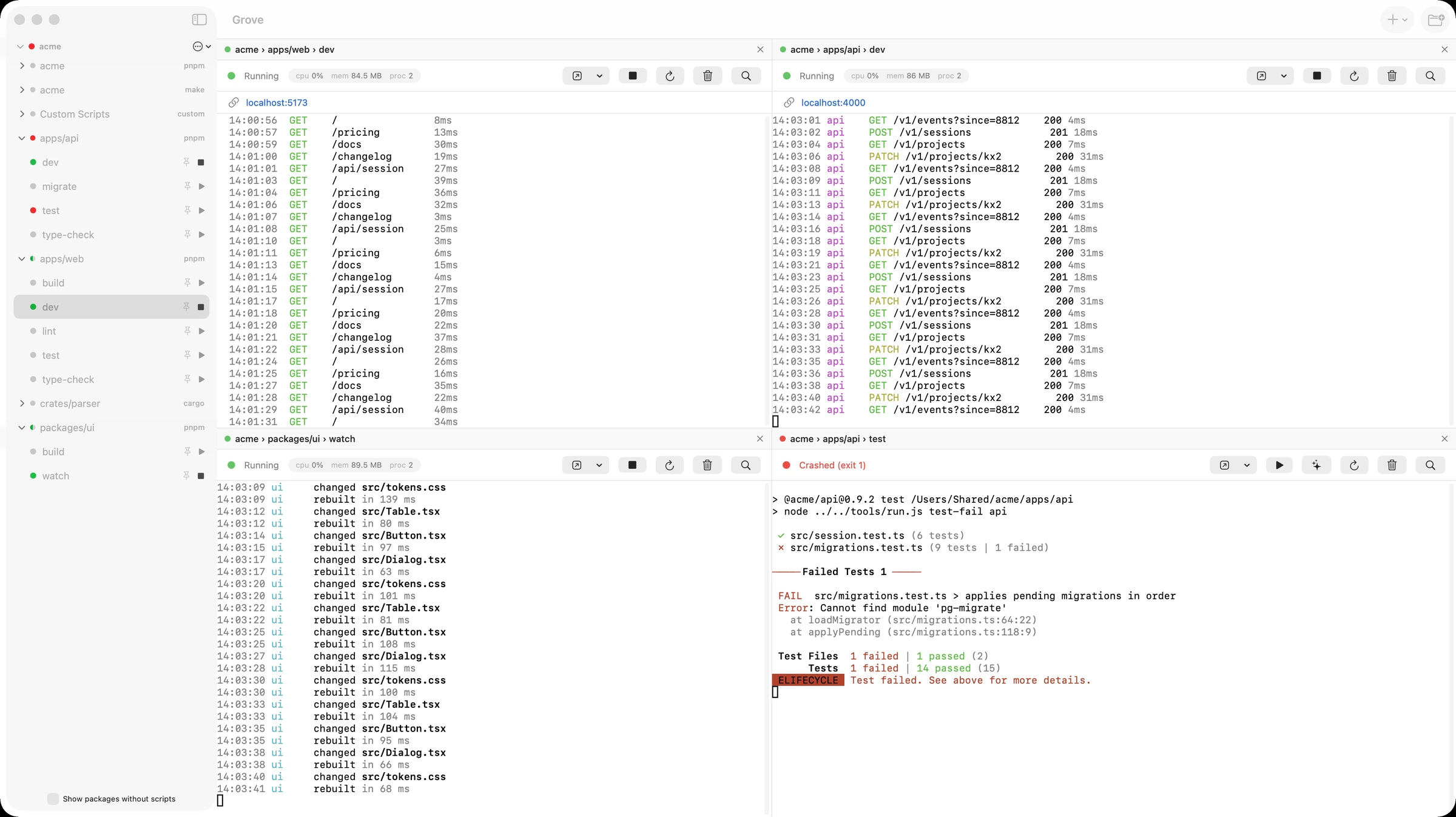 Four Grove terminal panes showing tests, a web server, an API, and a watcher