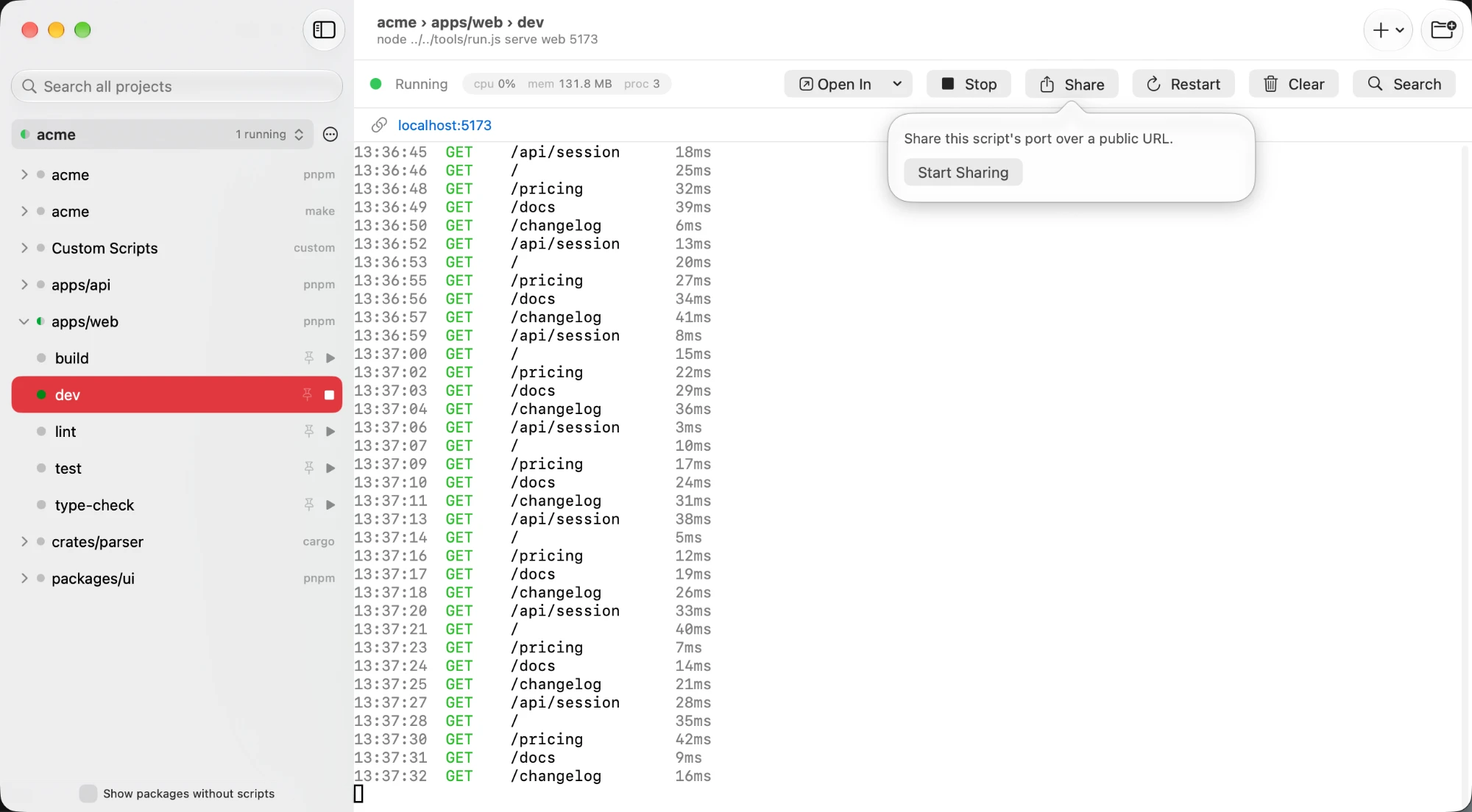Grove's Share button and popover for sharing a running dev server's port over a public URL