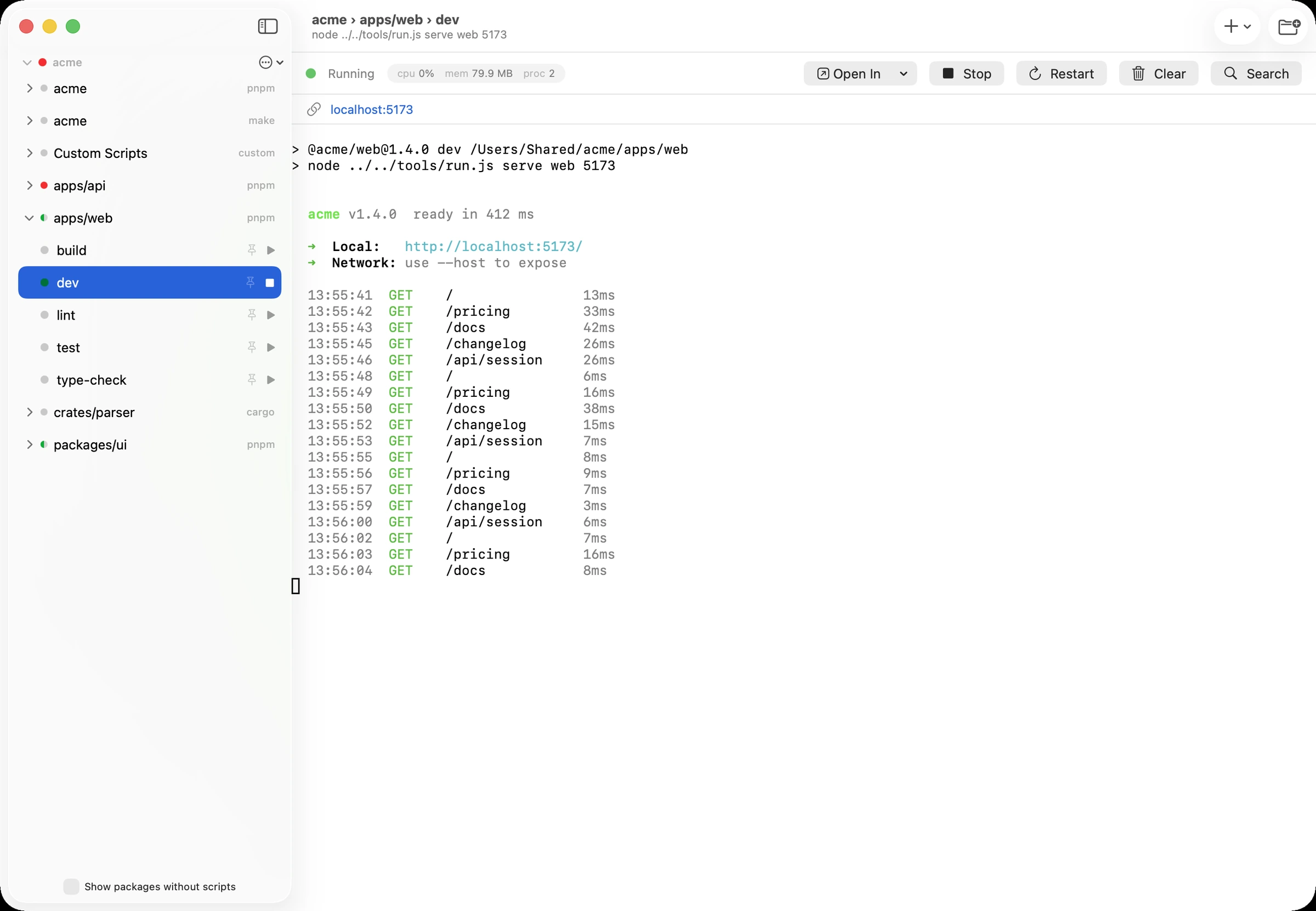 Grove showing project scripts and a running development server